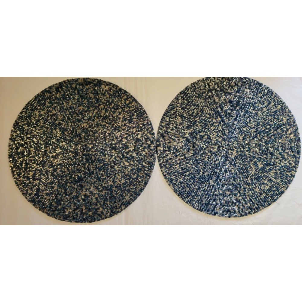 2x Coastal Collection Round Nautical Beaded Placemat Charger Blue Silver 15" set
